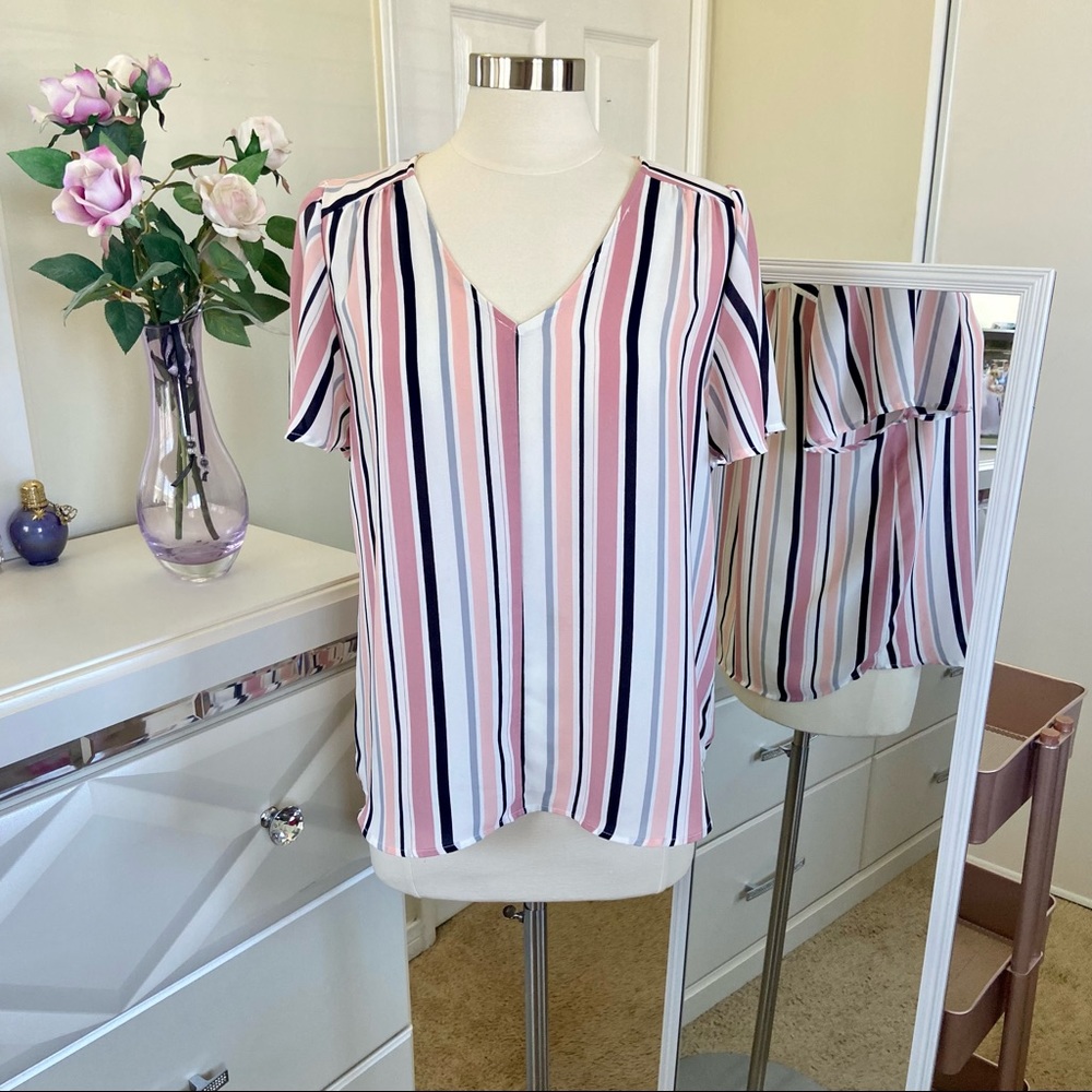 W5 Sheer Vertical Stripe Bell Sleeve V-Neck Blouse